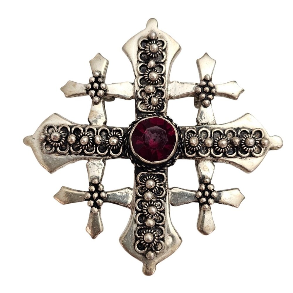 Silver Jerusalem Maltese Cross Brooch Pendant Etruscan Red Rhinestone Pin J470